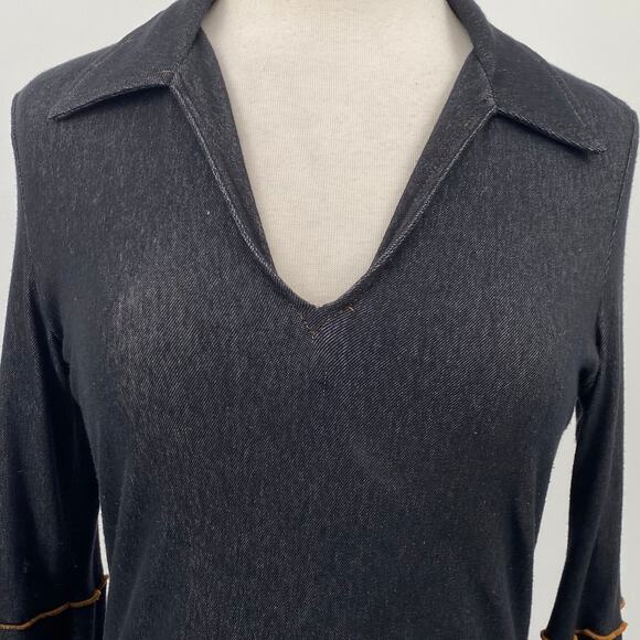 Vintage Y2k Bell Sleeve Stretch Cotton Denim Dress Collared V Neck Dark Wash M - Picture 5 of 10